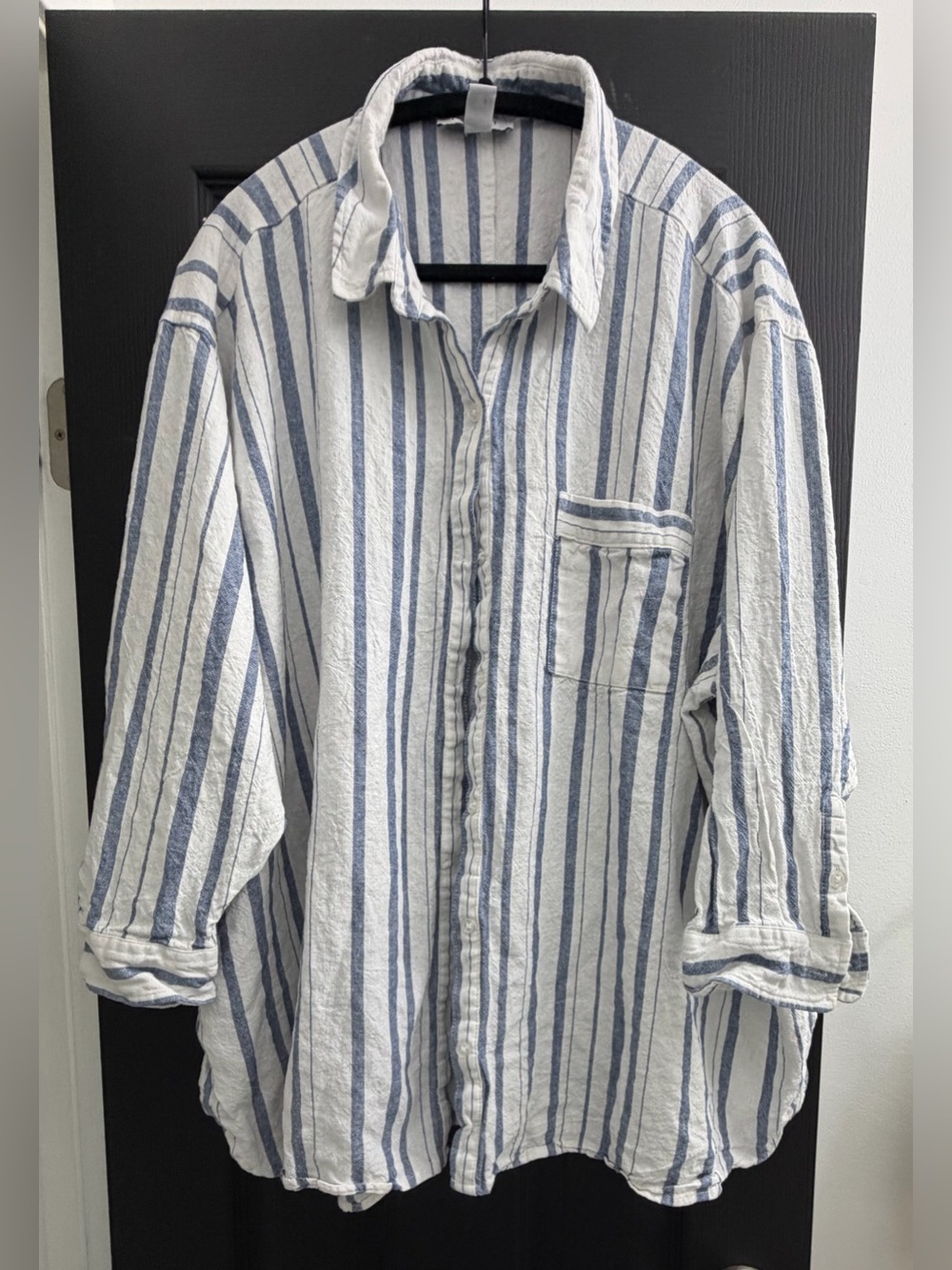 Nine West White and Blue Vertical Stripe Button-Down Shirt